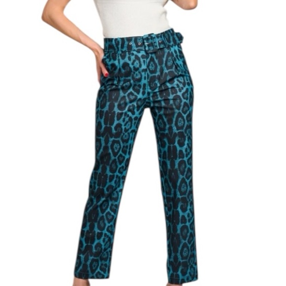 Tea n Cup Pants - Animal Print Belted Pant in Teal and Black